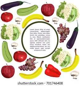 Vector. Hand drawn. Healthy eating vector concept. Vegan. Template round design. Realistic apple banana grape eggplant squash champignon red pepper cauliflower.
