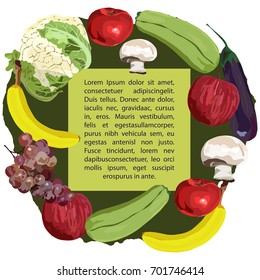 Vector. Hand drawn. Healthy eating vector concept. Vegan. Template round design. Realistic apple banana grape eggplant squash champignon red pepper cauliflower.