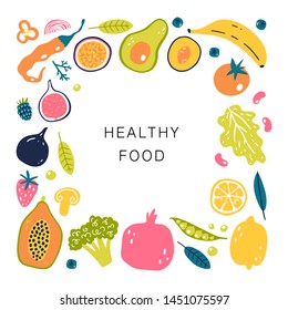Vector hand drawn healthy food illustration isolated on white background. Fruits and vegetables.