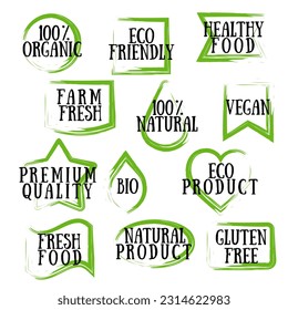 Vector hand drawn healthy food emblems. Vegan, natural, organic food. Set of icons and emblems for food packaging, restaurants, shops, marketing. 