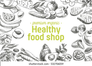 Vector hand drawn healthy food illustration. Vintage style. Retro sketch background