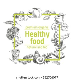 Vector hand drawn healthy food illustration. Vintage style. Retro sketch background