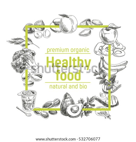 Vector hand drawn healthy food illustration. Vintage style. Retro sketch background
