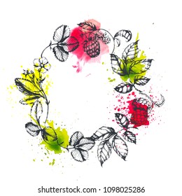 Vector hand drawn healthy herbal frame with berries on watercolor blots. Ink drawn circle sketch with raspberry and strawberry  for print, card, wrapping, menu and other natural design.
