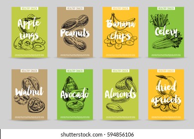 Vector hand drawn healthy snack posters. Vintage sketch style. Retro food background.