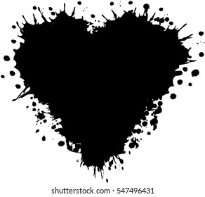 Vector hand drawn heart. Artistic creative black graphic illustration with inc splash, blots and smudge isolated on the white background..
