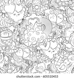 Vector hand drawn heart, cat, balloon, cloud, strawberry, bird, gift, butterfly illustration for adult coloring book. Sketch for adult anti stress coloring book page with doodle and zentangle elements