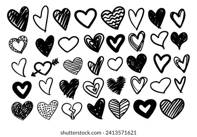 Vector hand drawn heart doddles set