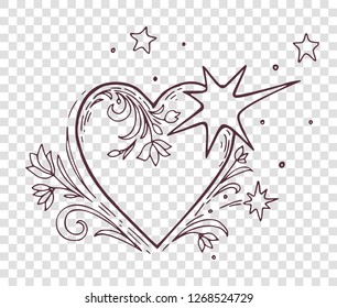 Vector hand drawn heart with floral ornament. Black and white vintage design elements, wedding, birthday, valentines day concept.