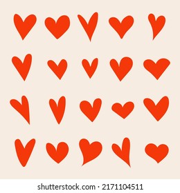 Vector hand drawn heart icon set. Valentine's Day set. Red hearts. Wedding decorations.