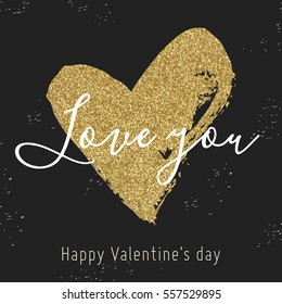 Vector hand drawn heart on black background. Valentine day card with gold glitter heart. Love you. Black, white, gold colors.
