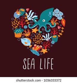 Vector hand drawn heart print with sea animals and plants