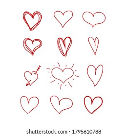 Vector hand drawn heart, red color, design elements set, freehand rough marker drawings isolated on white background, graphic art signs.
