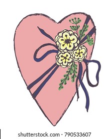 Vector hand drawn heart wrapped with ribbon and decorated of flowers