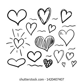Vector hand drawn hearts, black lines drawing isolated on white background, wedding icons, love symbols collection.