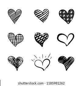 Vector Hand Drawn Hearts Collection, Doodle Cute Design Element, Black Drawings Isolated on White Background.