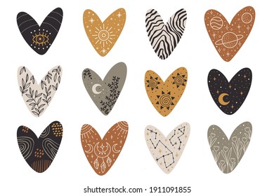 Vector hand drawn hearts collection with celestial and bohemian elements: moon, stars, branches, dream catcher for decoration. Mystery symbols. Boho illustration. Valentine's day