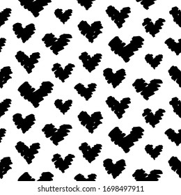 Vector hand drawn hearts doodles seamless pattern. Abstract repeated background for Valentines day, wedding design. Girlish romantic textile, clothes, wrapping paper. Black on white 