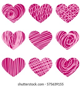 Vector hand drawn hearts and hatching in pink colors