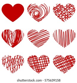 Vector hand drawn hearts and hatching in red colors