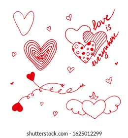 Vector hand drawn hearts isolated on white background. Design elements for Valentine's day