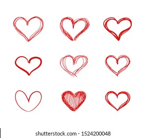 Vector Hand Drawn Hearts, Red Scribble Lines, Drawings Set Isolated on White Background, Doodle, Heart Shapes.