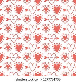 Vector hand drawn hearts seamless pattern. Abstract repeated doodle sketch background. Valentines day, wedding design. Girlish romantic textile, clothes, wrapping paper. Red on white