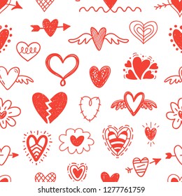 Vector hand drawn hearts seamless pattern. Abstract repeated doodle sketch background. Valentines day, wedding design. Girlish romantic textile, clothes, wrapping paper. Red on white