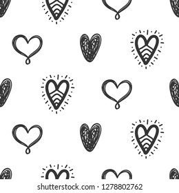Vector hand drawn hearts seamless pattern. Abstract repeated doodle sketch background. Valentines day, wedding design. Girlish romantic textile, clothes, wrapping paper. Black on white