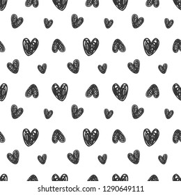Vektorhandgezeichnete Herzen nahtlos Muster. Abstrakter, wiederholter doodle-Skizzenhintergrund. Valentinstag, Hochzeitsdesign. Mädchen romantische Textilien, Kleidung, Umhüllungspapier. Schwarz auf Weiß 
