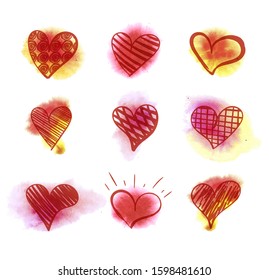 Vector Hand Drawn Hearts Set, Wedding and Valentines Day Illustration, Icons Isolated on White Background.