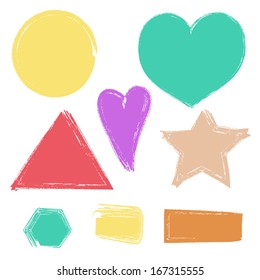 vector hand drawn hearts, star, square, triangle color 