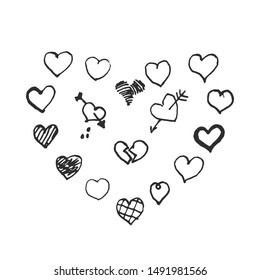 Vector hand drawn hearts. This illustration can be used as a conceptual poster with 'Sad Love' theme or set of isolated elements for your own projects.