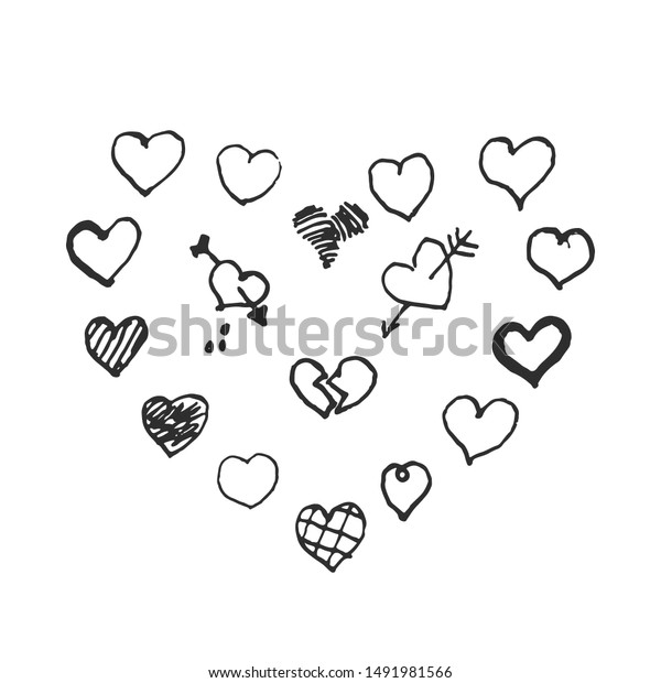 Vector hand drawn hearts. This illustration\
can be used as a conceptual poster with \'Sad Love\' theme or set of\
isolated elements for your own\
projects.