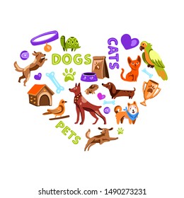 Vector hand drawn heart-shaped logo with dogs, cats, parrot, turtle,package,fish, collar, guinnea pig, kennel. For pet shop advertisement, souvenirs, wrapping paper 