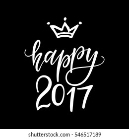 Vector hand drawn Hello 2017 phrase. New Year card with a crown. 
Holiday poster template.