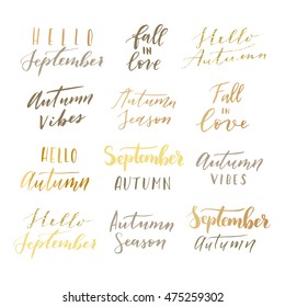 Vector hand drawn "hello September, hello autumn, autumn vibes, fall in love, autumn season" phrases. Modern calligraphy quote collection.
