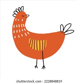 Gallina o ave dibujada a mano por vectores. Pájaro colorido para el paquete, papel envolvente, icono, cartel, logotipo, impresión, tarjeta, regalo, tela, web, etiqueta, publicidad, tarjeta, tela.