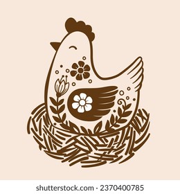 Vector hand drawn hen in a nest in retro style. Ornate doodle of domestic birds