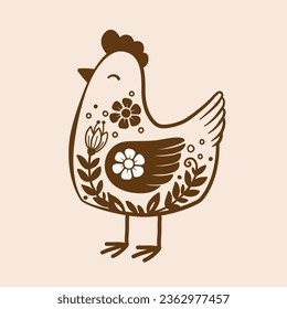 Vector hand drawn hen in retro style. Ornate doodle of domestic birds. Logo design