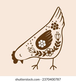Vector hand drawn hen in retro style. Ornate doodle of domestic birds