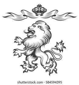 Vector hand drawn heraldic lion sketch with crown isolated on white background
