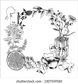 Vector hand drawn herbal tea tea frame. Ink drawn botanical illustration with healthy organic flowers and herbs for print, logo,wrapping, menu and other natural design in sketch style black and white