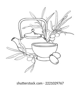 Vector hand drawn herbal tea sea buckthorn illustration. Decorative inking doodle elements