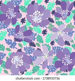 Vector Hand drawn  herbs and flowers pattern texture on pink background. Green leaves and violet flowers seamless vector Fashionable herbs wallpaper.