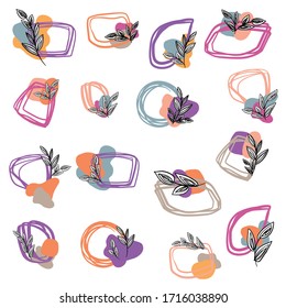 Vector: hand drawn herbs with frames on spotted background. Vintage creative design. Set of elegant abstract decorative elements. Conceptual, spots with decor of naive leaves. Summer and spring style.