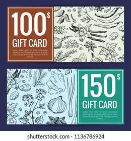 Vector hand drawn herbs and spices discount or gift card voucher templates illustration