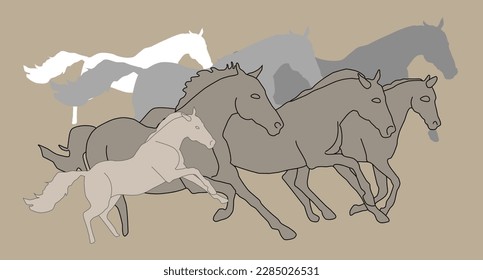 vector hand drawn herd of horses, running. illustration of running horses group set

