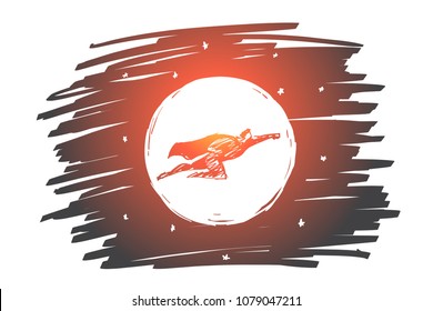 Vector hand drawn hero concept sketch with hero in traditional superman clothing flying in the sky in front of the Moon