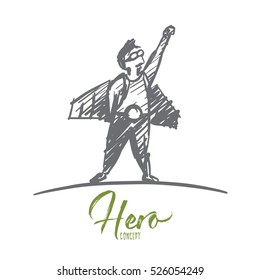 Vector hand drawn hero concept sketch. Man in pilot glasses and hero man traditional clothing standing with one hand raised. Lettering Hero concept